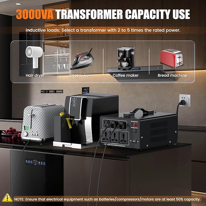 3000W Voltage Converter Transformer Step Up 110V/120V to220V/240V or Step Down 220V to 110V AC Power Converte, Circuit Breaker Protection, 3 US sockets, 3 Universal sockets, LCD Display