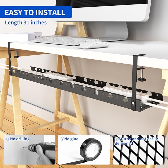 WIGAKDRU 31Inch Extendable Under Desk Cable Management Tray Multi-Model Metal Cable Management Tray Under Desk Cord Management with Clamp Power Strip Cord Holder for Wire Cable Management