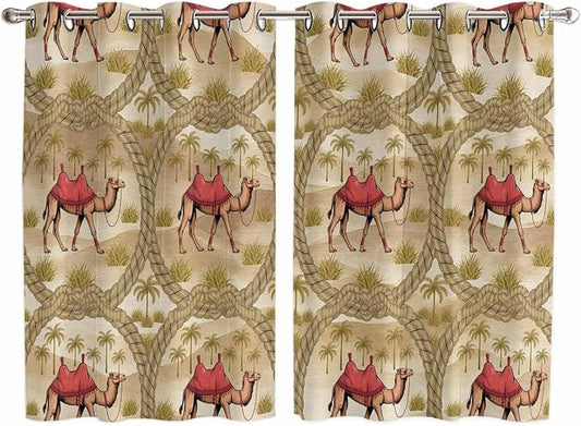 2 Panel Kitchen Cafe Curtains, Desert Camels Sunlight Filtering Nature Air by Hokiten