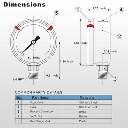 0 to 60 Psi Pressure Gauge, Glycerin Liquid Filled, 2.5 inch Dial, 1/4" NPT - Image 6