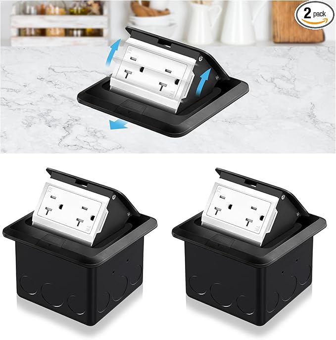 Vagueior Recessed Floor Electrical Outlet Kit,Waterproof Electrical Outlet Covcer Box,Hidden 20A Tamper-Resistant Receptacle Outlet with Slow Elastic Damping，ETL Certified,Black(2 Pack)
