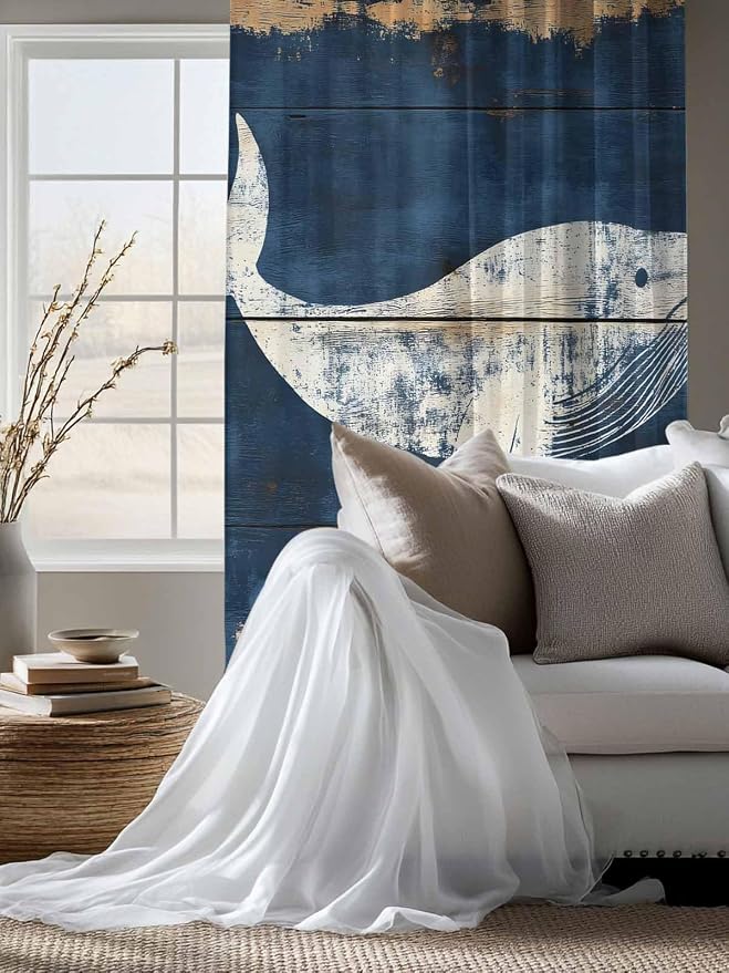 Sheer Curtains 72 Inches Long, Ocean Whale Blue Semi Sheer Curtains Light - Image 4
