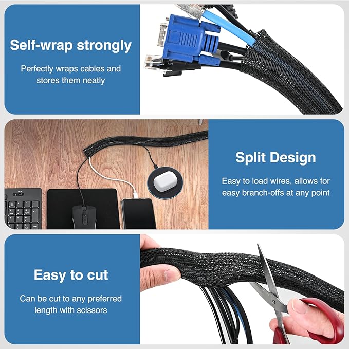 Nilight Cable Sleeve, 25ft-1inch Cord Management Sleeves, Braided Sleeving, Split Self Wrapping Wire Loom for Computer Electrical Automotive Harness Protector Organizer, Black