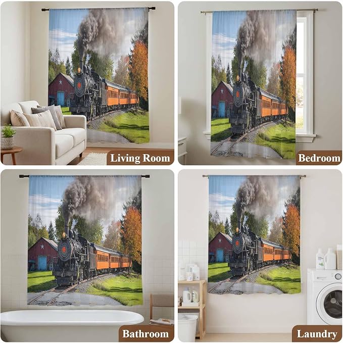 Steam Train Sheer Curtains 84 Inch Length Railroad Country Barn Rustic Trees - Image 7