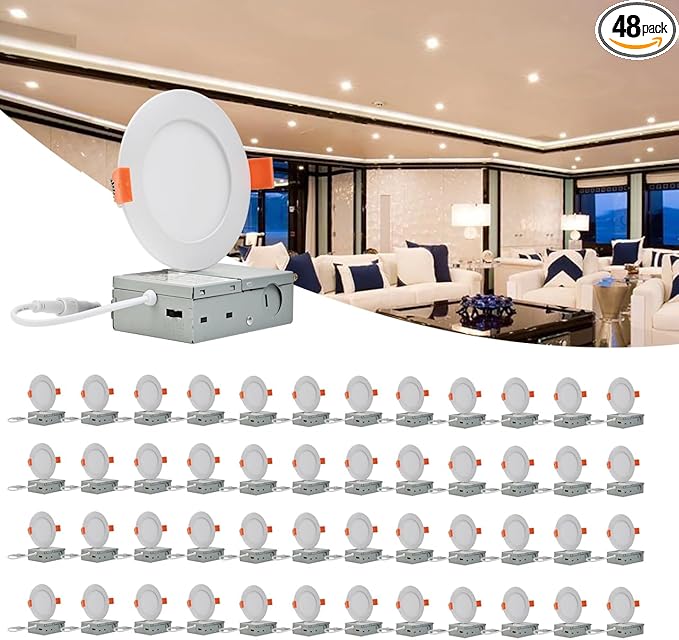 MKUJOO 48 Pack 6 Inch Ultra-Thin LED Recessed Ceiling Light with Junction Box,panel light,Daylight, 13W,2700K/3000K/3500K/4000K/5000K Selectable Dimmable Downlight ETL&FCC&CE and Energy Star Certified