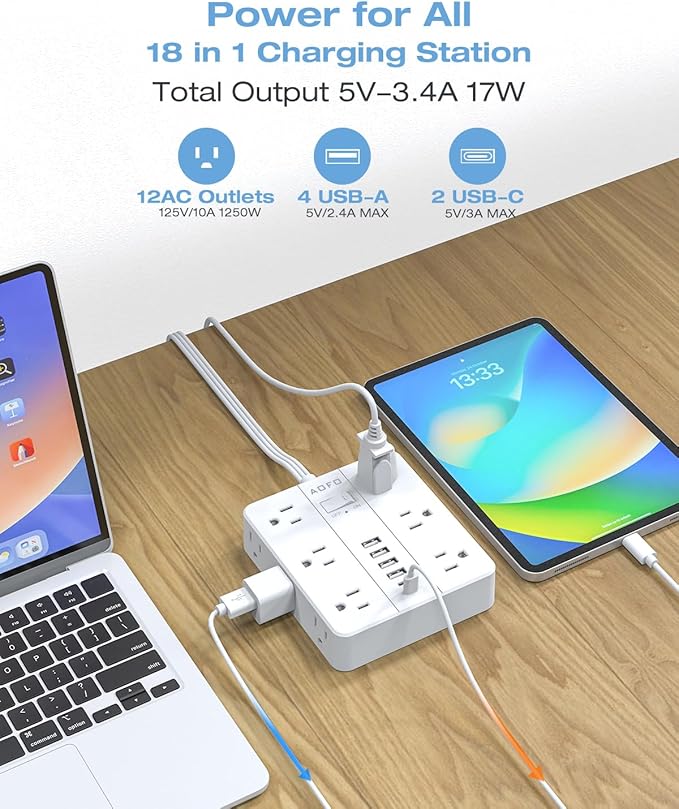 AOFO 10FT Surge Protector Power Strip,12 AC Outlets with 6 USB Ports (2 USB-C), Flat Plug Extension Cord with Multiple Outlets, Wall Mount for Home Office,Dorm,White