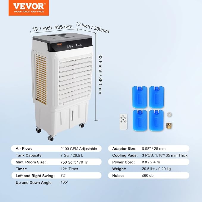 VEVOR Evaporative Air Cooler, 2100 CFM 13X34 inch Air Cooler, 3 Speeds and 12H - Image 7
