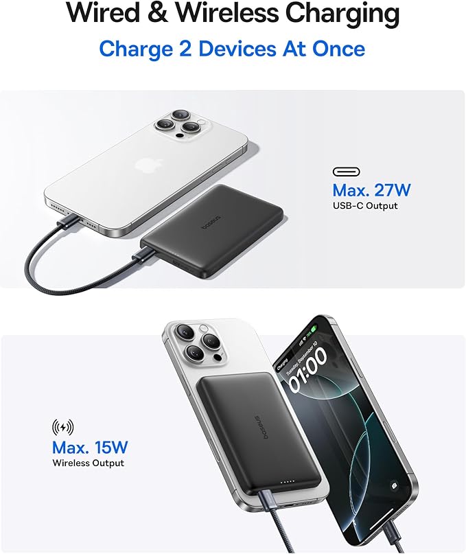 Baseus Picogo Magsafe Portable Charger, Qi2 Certified 0.5" Ultra Slim 15W Wireless Power Bank, 10000mAh 27W Fast Charging Magnetic Battery Pack with USB-C for iPhone 17/16/15/14/13/12 Series Only