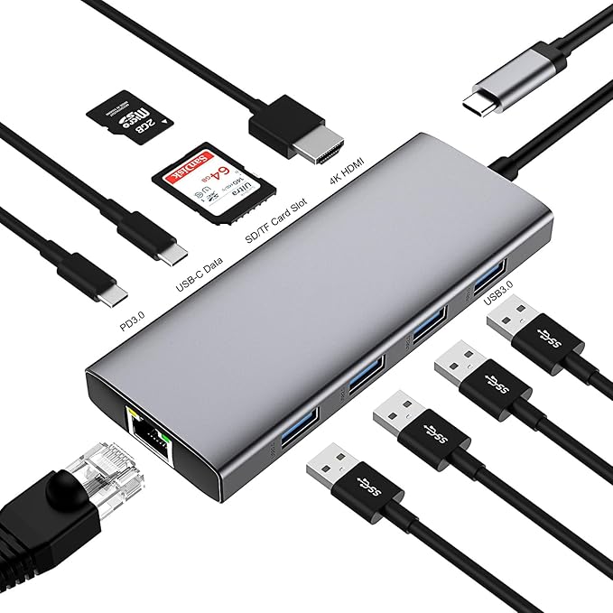 USB C HUB Dongle, 10-in-1 USB C Adapter Docking Station with 4K HDMI, Type C PD, USB C Data, USB3.0, RJ45 Ethernet, SD/TF Card Reader, Other Type C Latops Devices