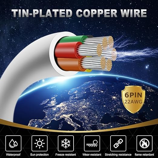 22 Gauge 6 Conductor Electrical Wire, 16.4FT White Stranded Low Voltage 22/6 Cable, PVC Case, 22 AWG Tinned Copper Wire Extension Power for LED Strips, Lamp Lighting, Automotive