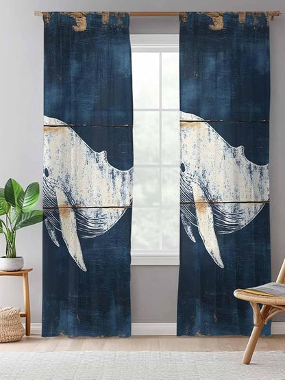 Sheer Curtains 84 Inches Long, Ocean Whale Blue Semi Sheer Curtains Light - Image 5