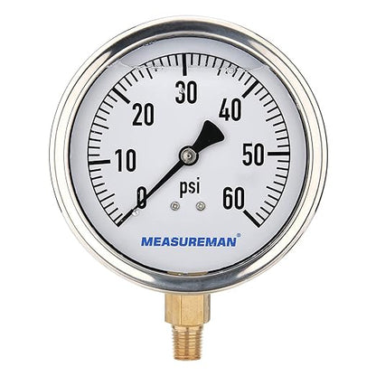 MEASUREMAN 4" Dial Size, Glycerin Filled Plumbing Pressure Gauge, Stainless by MEASUREMAN