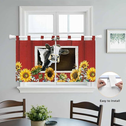 Cows Sunflowers Kitchen Curtains 24 Inch Length, Small Window Curtains Tab Top - Image 4