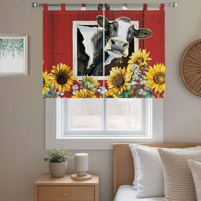 Cows Sunflowers Kitchen Curtains 45 Inch Length, Short Cafe Window Curtains Tab - Image 9