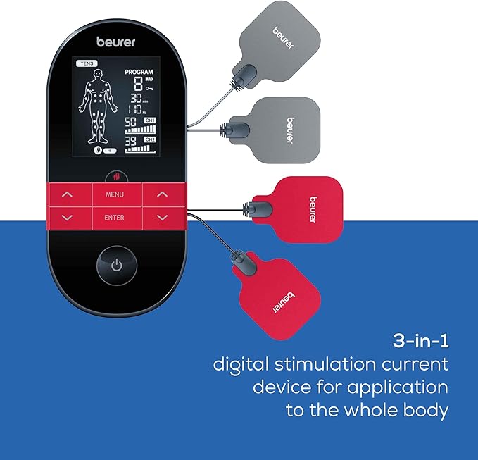 Beurer EM59 Digital 3-in-1 TENS Unit, EMS & Heat Therapy for Pain Relief & Relaxation, Muscle Stimulator with 2 Adjustable Channels, 64 Applications, Timer Function