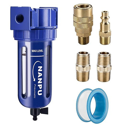 NANPU 1/4" NPT Compressed Air Filter, Zinc Alloy, 5 Micron Brass Element by NANPU