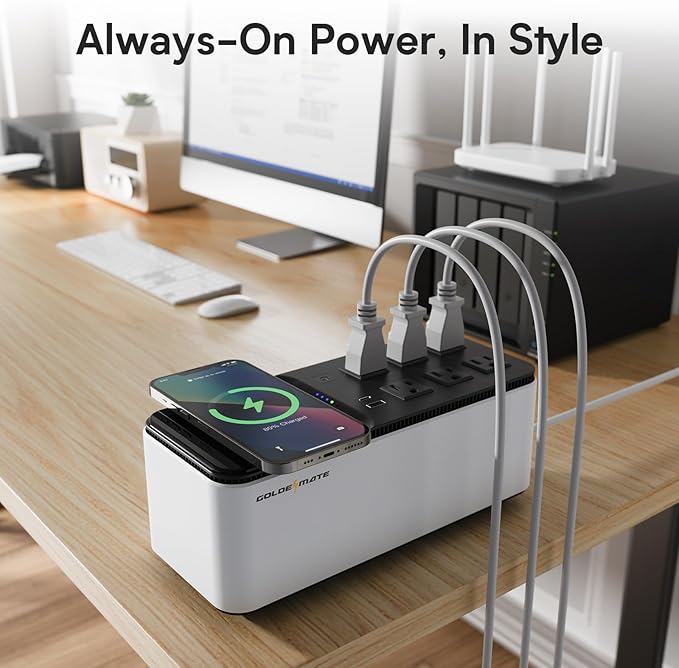 GOLDENMATE 600VA/360W Lithium UPS Battery Backup and Surge Protector, Backup Battery Power Supply with LiFePO4 Batteries(76.8 Wh), 6 Outlets, 2 USB Charger Ports, Wireless Charging, Compact Design