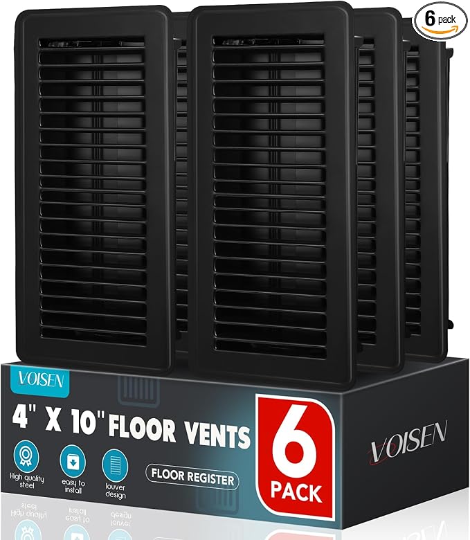 VOISEN Floor Register 4x10, 6 Pack Black Floor Vent Covers, Heavy Duty Steel by VOISEN