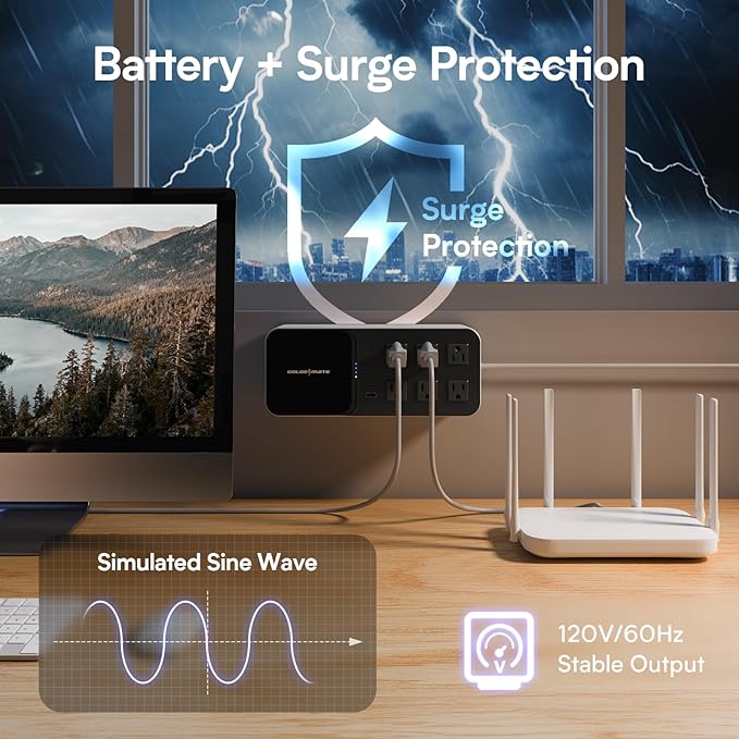 GOLDENMATE 600VA/360W Lithium UPS Battery Backup and Surge Protector, Backup Battery Power Supply with LiFePO4 Batteries(76.8 Wh), 6 Outlets, 2 USB Charger Ports, Wireless Charging, Compact Design