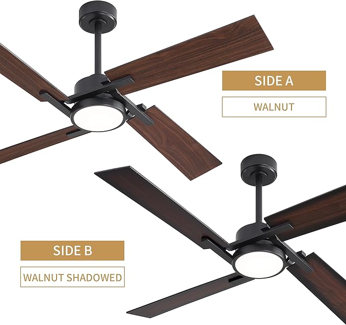 WINGBO 54 Inch Ceiling Fan with Light and Remote, 4 Plywood Blades, 6-Speed Reversible DC Motor, Dimmable, 3CCT, Farmhouse Ceiling Fan for Bedroom Living Room Kitchen, Black and Walnut/Shadowed Walnut