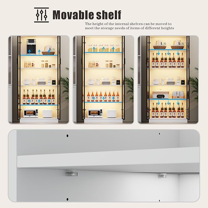 Dystler Display Cabinet with Doors and Adjustable Shelves, 65" Tall Bookcase with LED Lights/Human Sensor, 5 Tier Display Case for Collectibles Bedroom Living Room Office, White