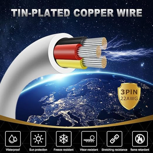 22 Gauge 3 Conductor Electrical Wire, 100FT White Stranded Low Voltage 22/3 PVC Case, 22 AWG Tinned Copper 3 Wire Extension Power for Strips LED Lamp Lighting
