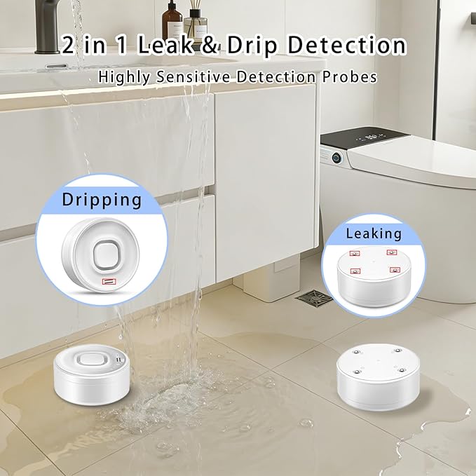 100dB Loud Wireless Water Leak Detector, WiFi Water Leak Sensor for Kitchen Bathroom Basement, Floor & Pipe Drip Alert