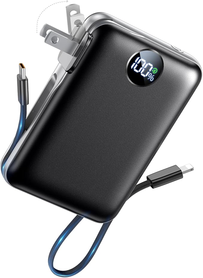 Portable Charger with Built in Cables & Wall Plug,10000mAh Power Bank, 4 Outputs,22.5W USB C Fast Charging,Slim Travel Essential Battery Pack with LED Display for iPhone 17/16/15/14 Series,Black