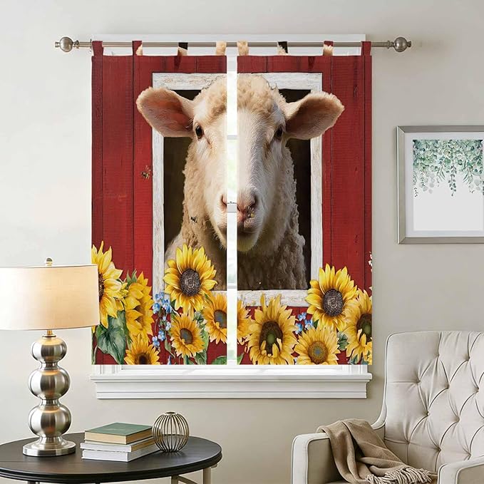 Sheep Sunflower Bathroom Curtains 63 Inch Length, Window Curtains Tab Top - Image 2