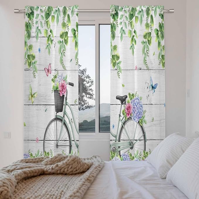 Spring Kitchen Curtains, Bicycles Botanical Rose Leaves Butterfly Wood Grain - Image 4