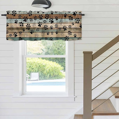 Dog Paws Valances for Windows, Teal Brown Wood Grain Kitchen Valance Light - Image 5