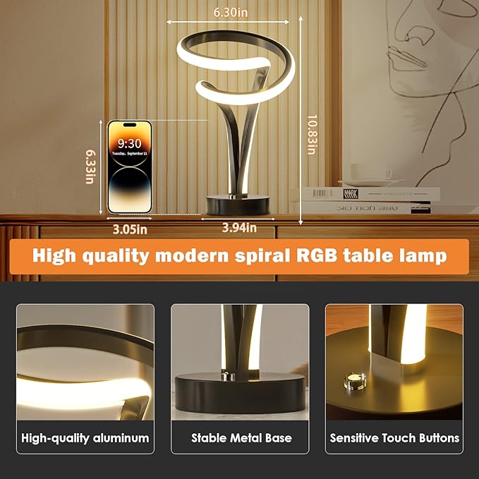 airnasa Modern Spiral RGB Table Lamp, Unique, 7 Colors 10 Light Modes LED, Touch Dimmable Cool Nightstand Lamps for Living Room Bedroom Office, Ideal Gift (Black)