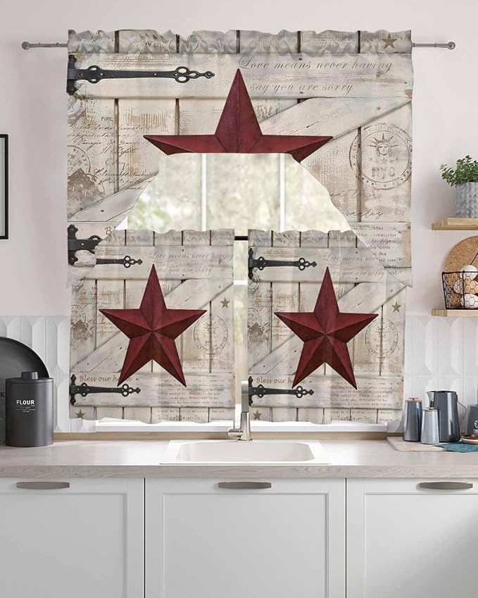 Village Stars Swag Kitchen Curtains Valance and Tier Set, Vintage Dark Red Star - Image 2