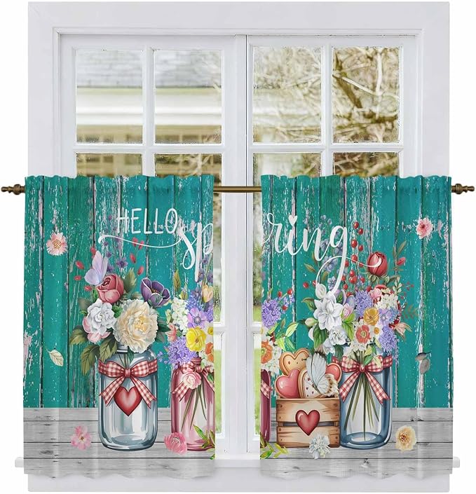 Spring Flowers Kitchen Curtains, Farmhouse Watercolor Teal Wood Grain Light - Image 2