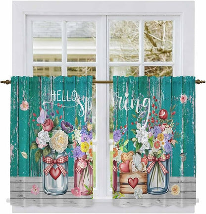 Spring Flowers Kitchen Curtains, Farmhouse Watercolor Teal Wood Grain Light - Image 2