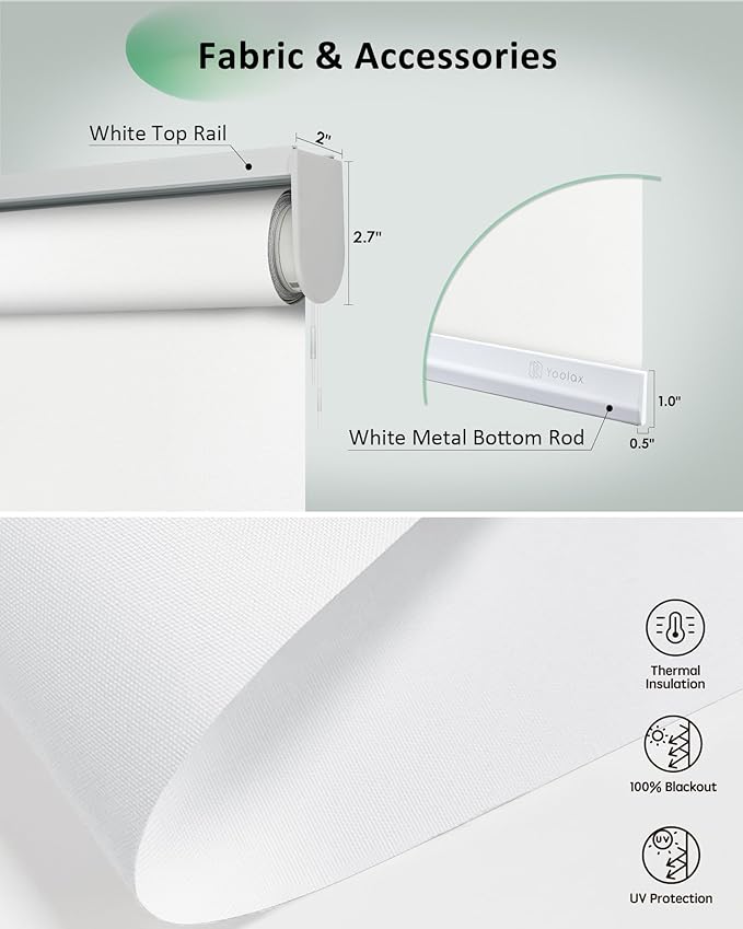 Yoolax Motorized Blinds App Control, Blackout Roller Shades for Windows, Cordless Automatic Shades Roller Window Blinds for Bedroom Living Room Office (Blackout Alpine White, 37" W x 72" H)