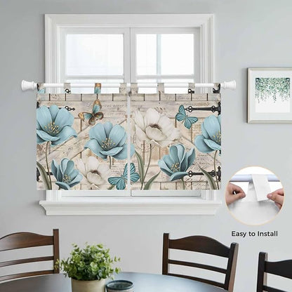 Teal Blue Tulips Kitchen Curtains 36 Inch Length, Small Window Curtains Tab Top - Image 4