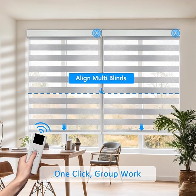 COOLWINDS Motorized Zebra Blinds for Windows Cordless Electric Curtains with Remote Control Blackout Shades Custom Smart Blinds Compatible with Alexa Google Home(Light Filtering Grey,W41 X 72in)