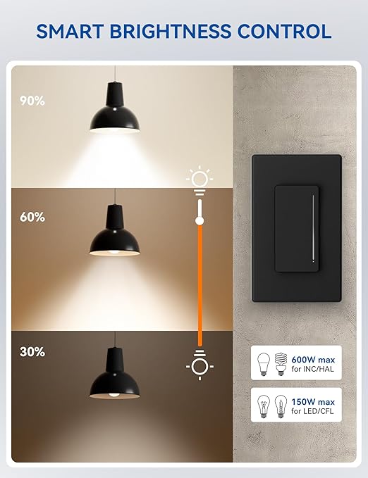 ELEGRP Smart Dimmer Light Switch DTR30, Single Pole or 3 Way, 2.4GHz Wi-Fi Touch Dimmer Compatible with Alexa/Google Assistant, Needs Neutral Wire, No Hub Required, UL and FCC Listed, Black, 4 Pack
