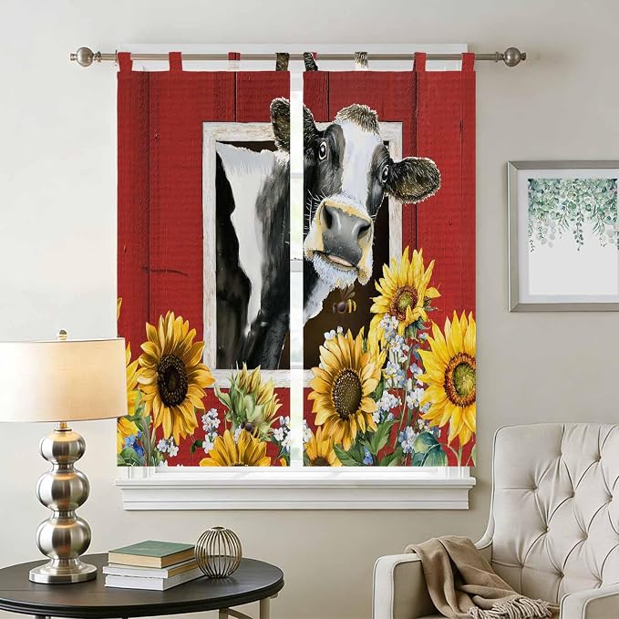 Cows Sunflowers Bathroom Curtains 63 Inch Length, Window Curtains Tab Top - Image 2