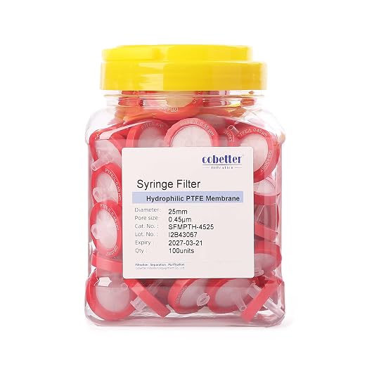 100 Pack Syringe Filter PTFE hydrophilic Lab Filters 0.45μm Pore Size 25mm by COBETTER