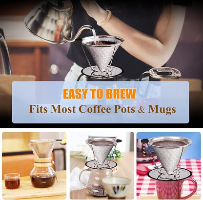 Pour Over Coffee Dripper, Reusable Cone Coffee Filter 1-4 cup, Stainless Steel - Image 2