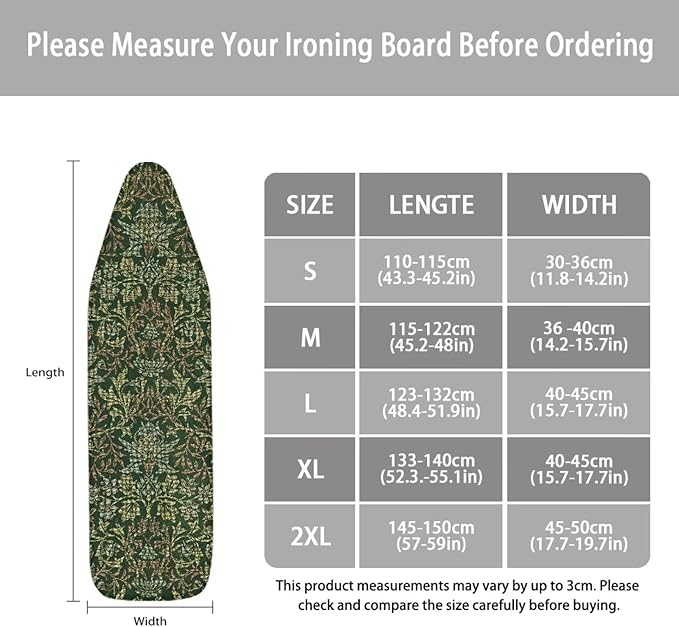 ZCFYGDX Breathable Ironing Board Cover Decor, Resist Scorching & Staining, 14x45 Wear & Soil Resistant Covers, Elastic Edges,3 Fasteners,Anti-Scorch Polyester Fabrics William Morris Prints