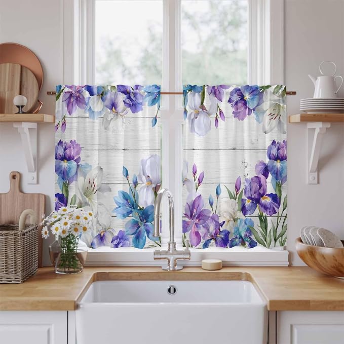 Spring Flowers Kitchen Curtains, Watercolor Garden Florals Wooden Grain Light - Image 2