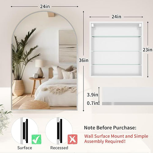 24x36 Inch Arch Bathroom Mirror Medicine,Cabinet,Brushed Silver Wall Mounted Bathroom Mirror with Storage,Adjustable Glass Shelves,Surface Mount Only,Mirrored Medicine Cabinets for Bathroom