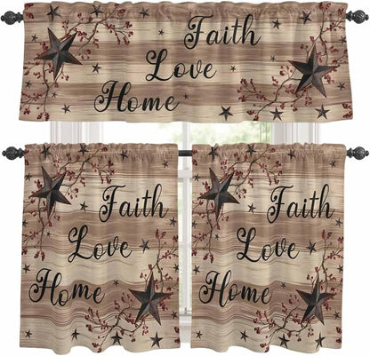 Kitchen Curtains Tiers and Valance Set of 3, Farmhouse Star Brown Light by Anzona