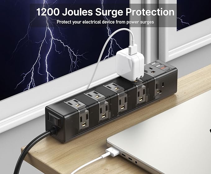 CCCEI Standing Desk Clamp Power Strip with 15 Outlets, Black Desktop Edge Mount Surge Protector Outlet, Fast Charging USB-A and 45W USB-C Ports, 6 FT Flat Plug, Black Fit 1.6 inch Table top.