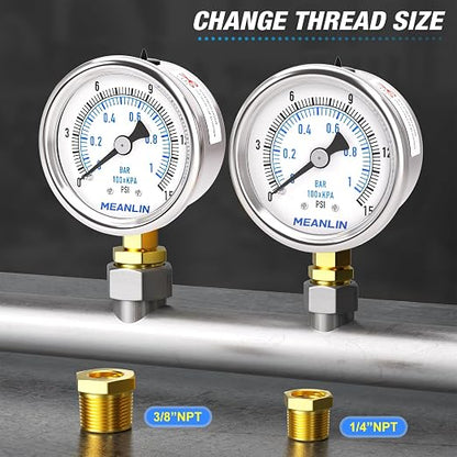 MEANLIN MEASURE 0~15Psi Dry Low Pressure Gauge Stainless Steel 1/" NPT 2" FACE - Image 3