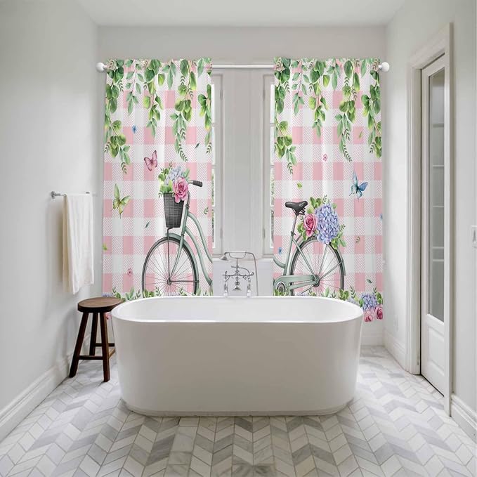 Spring Kitchen Curtains, Bicycles Leaves Butterfly Flowers Pink Buffalo Plaid - Image 5
