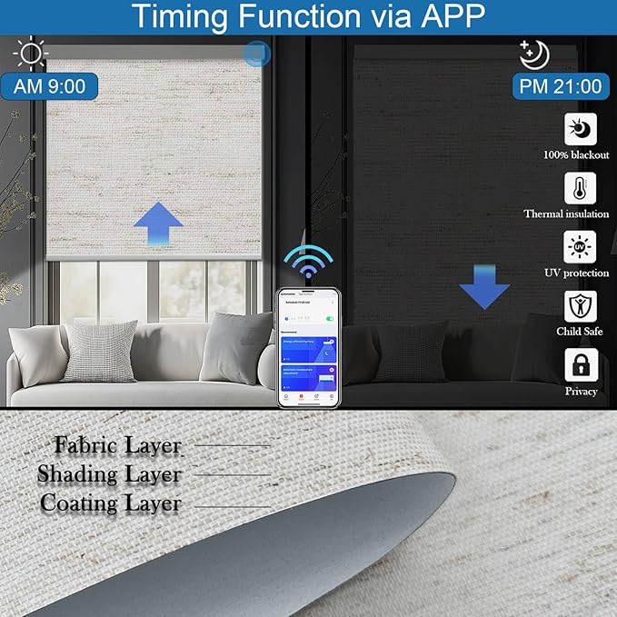 COOLWINDS Motorized Blinds with Remote Cordless Automatic Motorized Shades Custom Blinds for Windows Smart Curtains Compatible with Alexa Google Home(Blackout Linen Sandy Beach,W48 x H72in)